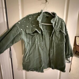 SHEIN Green Pearl-Embellished Utility Jacket
